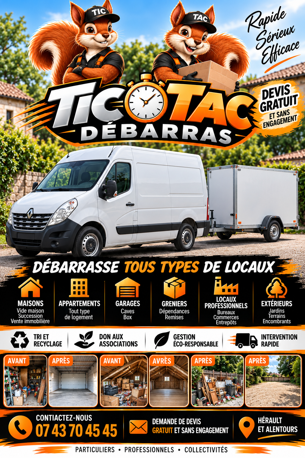 Affiche Tic Tac Débarras : deux écureuils avec leurs casquettes Tic et Tac, camion blanc et remorque. Débarras de maisons, appartements, garages, greniers, locaux professionnels et extérieurs. Devis gratuit au 07 43 70 45 45.